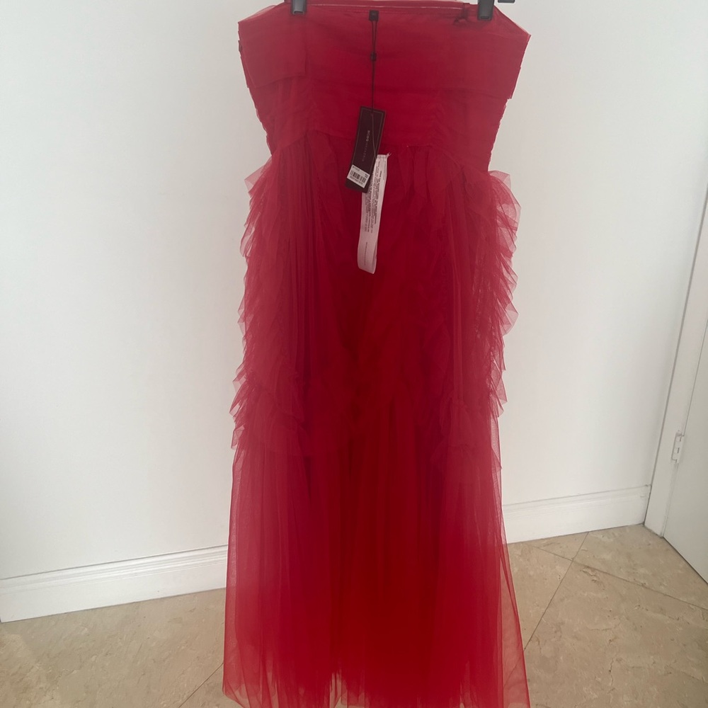 Red BCBG tulle dress.